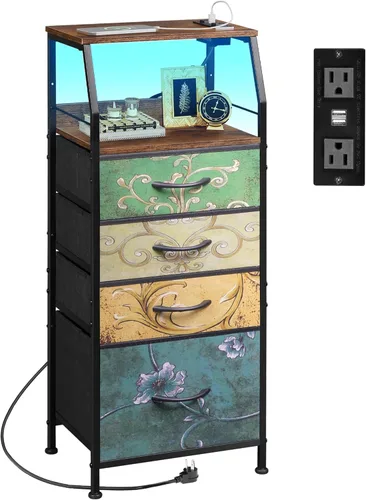 Miniatura 9 de WLIVE Mesita de noche con estación de carga, mesita de noche LED con 4 cajones de tela y estante de almacenamiento, cómoda alta para dormitorio
