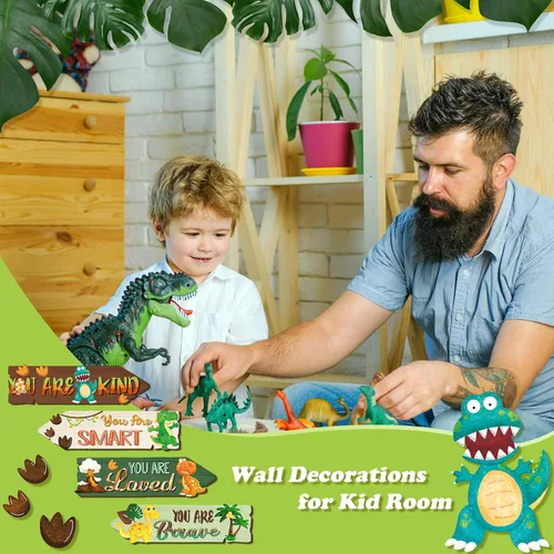 Miniatura 7 de Qunclay 4 piezas de decoración de dinosaurio de madera para niños, letrero de dinosaurio de madera, decoración de pared, acuarela, impresiones