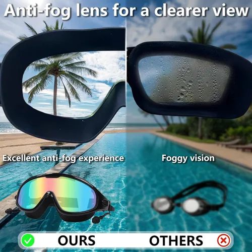 Miniatura 5 de Gafas de natación para adultos para mujeres y hombres, sin fugas, sin niebla, visión amplia, gafas de sol con tapones para los oídos y clip