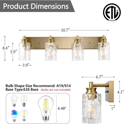 Miniatura 2 de Accesorios de lámpara de tocador de baño de 2 luces, moderna lámpara de baño dorada cepillada sobre espejo con pantalla de vidrio martillado