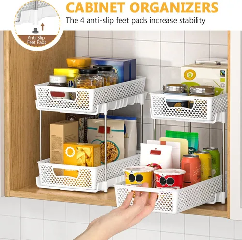 Miniatura 5 de DABIGE Paquete de 2 organizadores de baño extraíbles y almacenamiento, organizador de almacenamiento apilable de 2 niveles para baño, gabinete