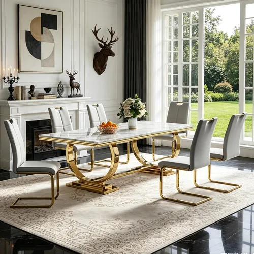 Miniatura 54 de 5 Piece Black Marble Dining Table Set for 4, Modern Faux Marble Kitchen Dining Room Tables with 4 Leather Chairs Set, 68.11" Luxury Rectangular