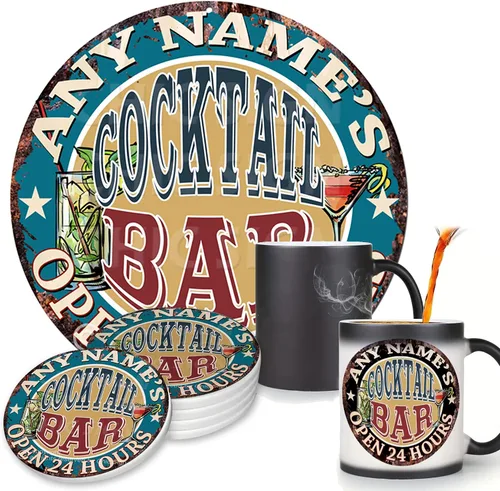 Any Name's Any Text Cocktail BAR - Tazas personalizadas para Chic Sign Rústico, estilo vintage, retro, cocina, bar, pub, cafetería, decoración de