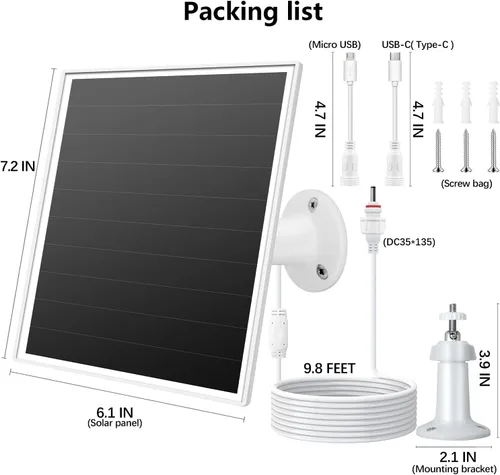 Miniatura 7 de Cargador de panel solar de 6 W para cámaras de seguridad al aire libre. Micro USB/USB - C/DC (35 x 135) se adapta a cámara Eufy/Wyze/Ring, cable
