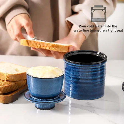 Miniatura 6 de HASENSE Vajilla de mantequilla de cerámica con tapa, plato de mantequilla para encimera con línea de agua, contenedor francés de mantequilla