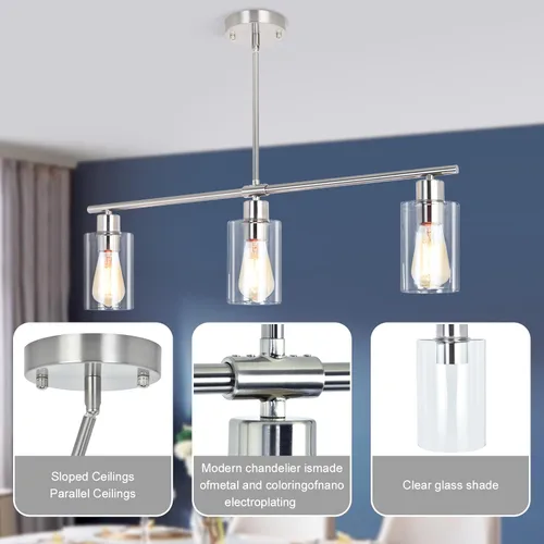 Miniatura 5 de Iluminación de isla de cocina, 3 luces negras para comedor, lámpara de araña lineal moderna con pantalla de vidrio transparente, 31 pulgadas