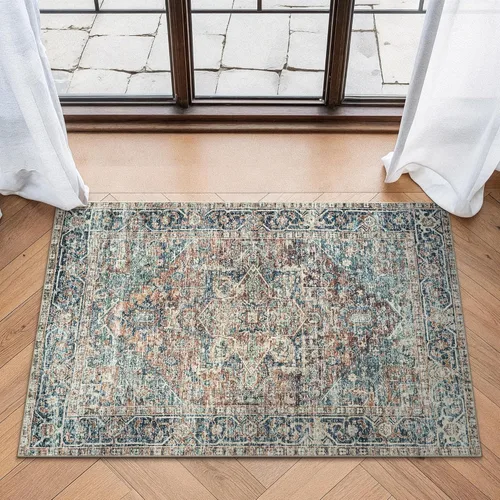 Bloom Rugs Alfombra lavable antideslizante de 2 x 3 pies, color azul/verde/mandarina, alfombra tradicional oriental para sala de estar, dormitorio,