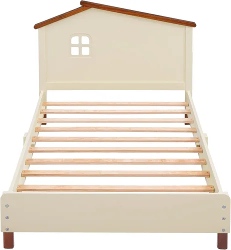 Miniatura 4 de Cama de plataforma de madera de tamaño individual con cabecera en forma de casa, soporte de listones de madera, para dormitorio de niños, niñas