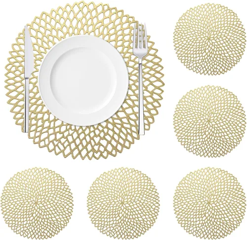 Miniatura 11 de Juego de 6 manteles individuales dorados de 15 pulgadas, manteles individuales redondos brillantes para cocina, comedor, para Acción de Gracias