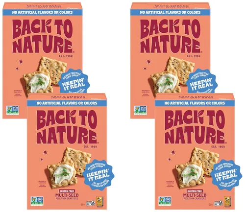 Back to Nature Galletas sin gluten, arroz fino multisemilla, sin lácteos, sin OMG, hechas con harina de arroz integral de grano entero, aperitivos