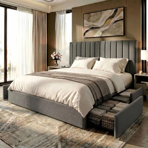 Miniatura 11 de SHA CERLIN Base de cama de plataforma tamaño matrimonial con 4 cajones de almacenamiento, cabecera acolchada vertical con diseño acanalado