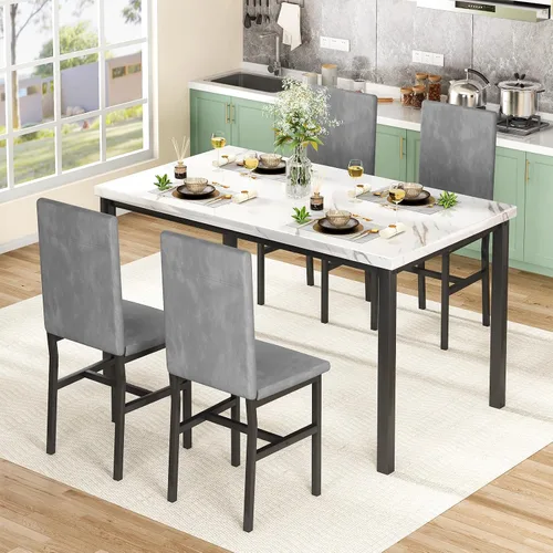Miniatura 5 de Hooseng Juego de mesa de comedor de 5 piezas para 4 personas con parte superior de mármol sintético y sillas de terciopelo, juego de mesa de cocina