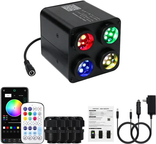 AKEPO 4 Color 36W RGBW Luz de Fibra Óptica Parpadeante Solo Fuente de Luz, 4 Puertos RGBW Parpadeante + Activado por Música + Control a través de