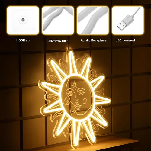 Miniatura 3 de Ganeen Letrero de Neón Naranja Amanecer Atardecer Arte de Pared Boho Luces de Neón para Dormitorio Sol en el Horizonte Letreros LED de Pared USB