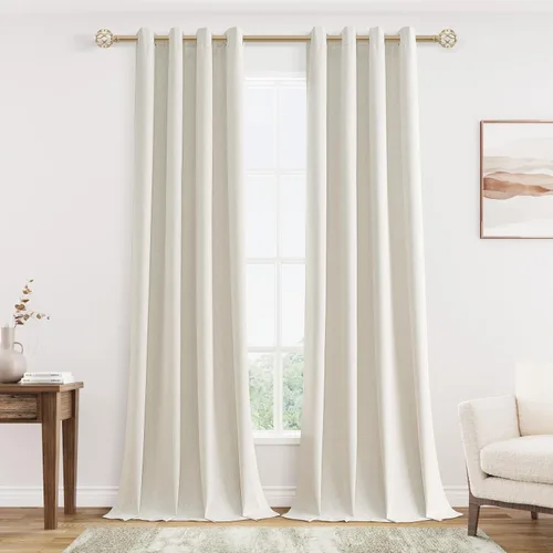 Cream Linen Blackout Curtains 96 Length 2 Panels Set for Living Room Bedroom, 100% Black Out Thermal Insulated Linen Drapes, Room Darkening Grommet