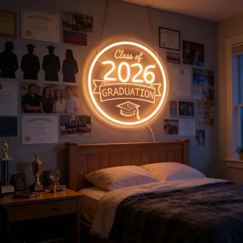 Miniatura 3 de Class of 2026 - Letrero de neón con texto en inglés "Congrats Grad" LED regulable USB Felicidades Graduación Cap Light Decoración de pared para sala