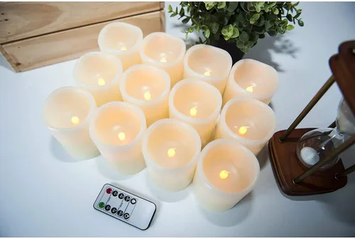 Miniatura 7 de Hausware Velas sin llama, a batería, juego de 12 (D: 7,62 cm x A: 10,16 cm) Velas de cera real, pilar titilante, velas LED sin llama con control