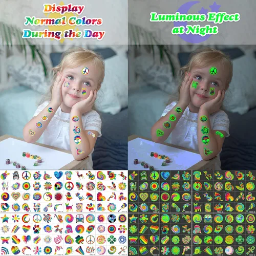 Miniatura 7 de 96 piezas de tatuajes temporales luminosos precortados con teñido anudado que brillan en la oscuridad, suministros de fiesta temática de cumpleaños