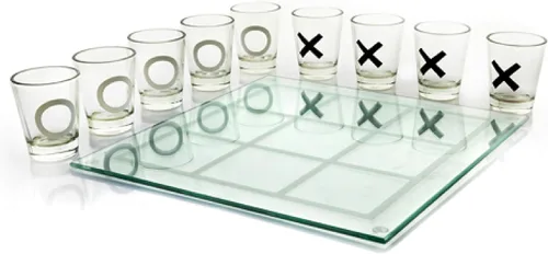 Miniatura 4 de Matty's Toy Stop Tic-Tac-Toe, juego de beber tres en una fila con 9 vasos de chupito y tablero de juego de vidrio (10 x 10 pulgadas)