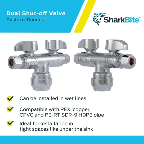 Miniatura 4 de SharkBite Válvula de bola de latón de un cuarto de vuelta de doble cierre, empuje de 1/2 pulgada para conectar x compresión de OD de 3/8 pulgadas x