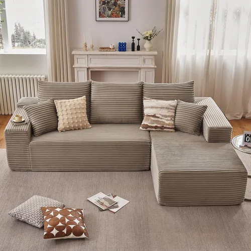 Miniatura 18 de Sofá seccional modular de 96", sofá en forma de L tipo nube sin estructura con chaise lounge, tapizado de pana con asiento profundo de espuma Negro