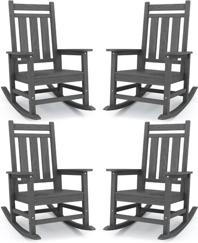Miniatura 10 de Mecedora de exterior KINGYES, Mecedoras de patio para todo clima para porche, Sillas mecedoras de exterior de HDPE con respaldo alto para adultos