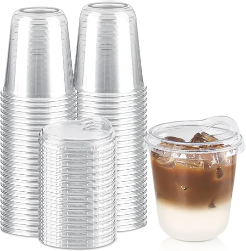 Vasos de plástico transparente de 12 onzas con tapas para sorber sin pajilla, paquete de 50 vasos desechables para café helado con fondo redondo,
