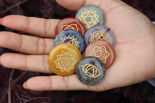 Miniatura 4 de Jet 7 Chakra Reiki Set Grabado Redondo para Curar Chakra Equilibrio Meditación, Vibraciones Positivas
