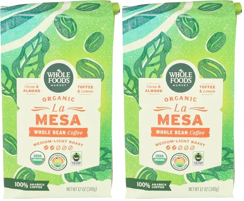 Miniatura 10 de Whole Foods Market, Organic La Mesa - Café en grano entero, tostado medio ligero, cacao, almendras, caramelo y limón, 12 onzas