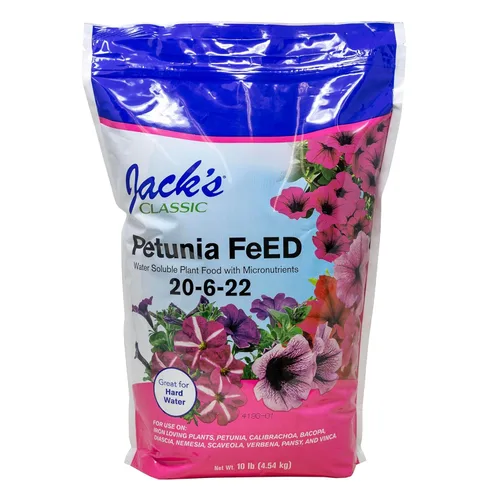 Jack's Classic 20-6-22 Fertilizante soluble en agua de alimentación de petunia con micronutrientes, 10 libras - Proporciona anuales verdes