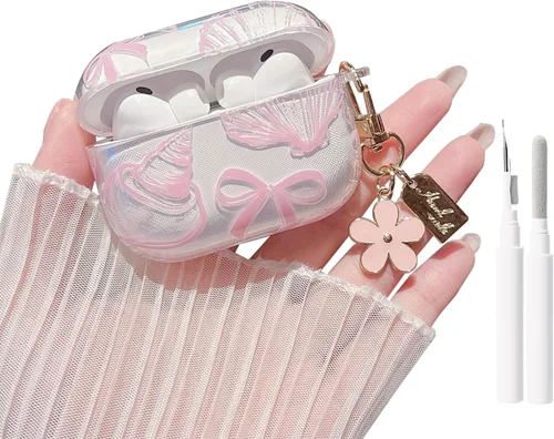 Miniatura 12 de MINSCOSE Compatible con AirPods Pro de 2ª/1ª generación, bonito diseño de patrón de conchas y estrellas de mar con llavero, funda protectora de TPU