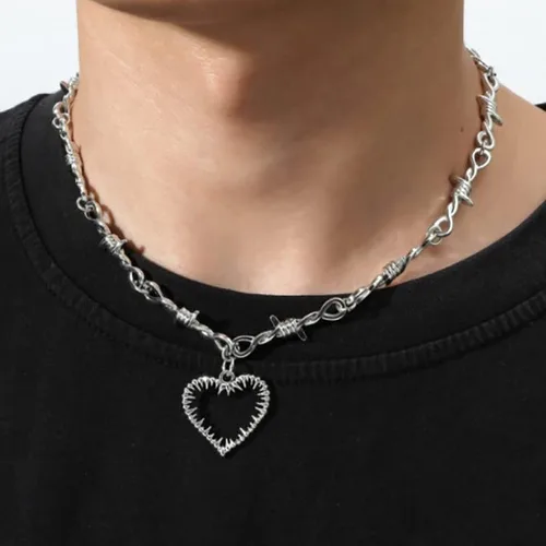 Miniatura 2 de Fuqimanman2020 Collar de espinas góticas, collar con colgante de corazón de espinas de hip hop, aretes de zarzas de rosa, gargantilla de púas