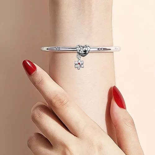 Miniatura 3 de KunBead Rompecabezas de concientización sobre el autismo, dije colgante de corazón, compatible con pulsera Pandora, collar, joyería de cumpleaños