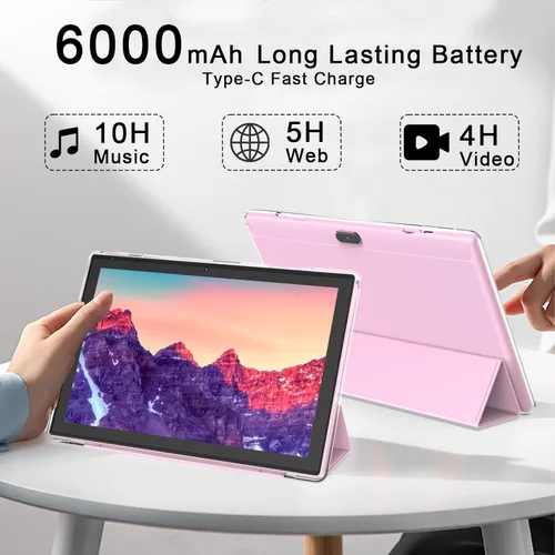 Miniatura 7 de Tablet Android 15, 10 pulgadas 8 GB RAM+32 GB ROM+1 TB Expand, procesador de cuatro núcleos de 1.8 GHz, tabletas 2 en 1 con Conjunto rosa 2 en 1