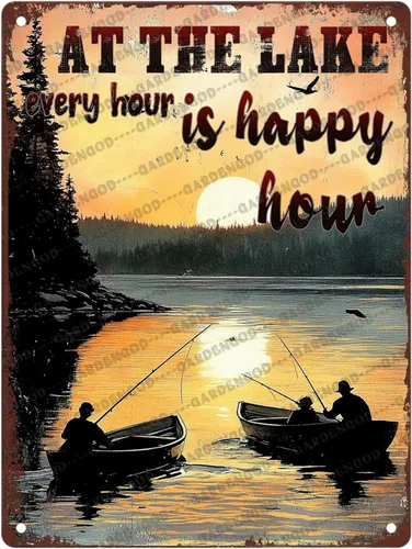Miniatura 30 de Cartel de metal divertido con texto en inglés «At The Lake Every Hour Is Happy Hour», divertido póster de hojalata novedoso para el hogar, cocina