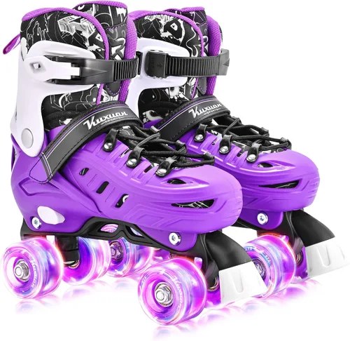 Miniatura 8 de Kuxuan Skates Patines de ruedas para niñas y niños, 4 tamaños ajustables, patines divertidos para niños pequeños con ruedas iluminadas para Blanco