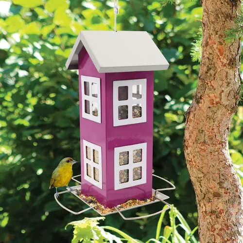 Miniatura 3 de Goodeco Comedero de metal para pájaros para decoración de jardín, comederos para colgar al aire libre, diseño de casa de campo, a prueba de Púrpura