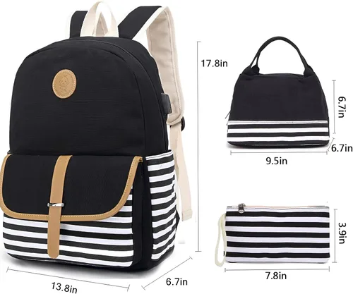 Miniatura 6 de Mochila escolar para adolescentes y mujeres, lindo juego de mochila universitaria de lona a rayas con bolsa de almuerzo, bolsa para lápices