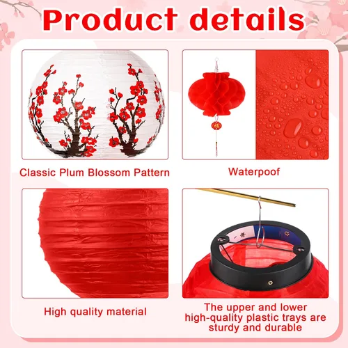 Miniatura 3 de Tuanse 40 linternas de papel japonesas chinas decorativas LED con flor de cerezo rojo chino para interiores y exteriores (rojo, rosa)