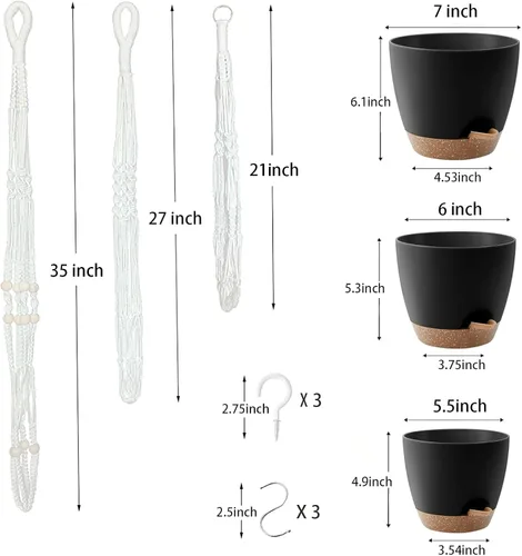 Miniatura 4 de Macetas colgantes con colgadores de macramé para plantas de interior y exterior, juego de 3 cestas colgantes de 35/27/21 pulgadas, macetas de riego