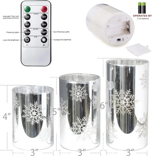Miniatura 3 de Velas LED sin llama de copo de nieve con control remoto y temporizador, velas de vidrio electrochapado operadas por batería, velas LED parpadeantes