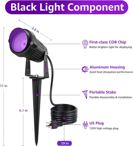 Miniatura 7 de SUNVIE Luces LED negras para exteriores, luz negra, impermeable, foco de luz negra de 10 W, foco de 120 V, luces de Halloween, luz negra para fiesta