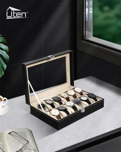 Miniatura 2 de Uten Organizador de relojes, caja de poliuretano con 12 ranuras y tapa de cristal, regalo del día de San Valentín, caja de exhibición de reloj