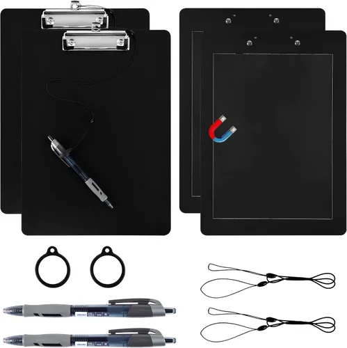 Paquete de 2 portapapeles magnéticos con bolígrafo adjunto, tablero de clip negro con portapapeles de perfil bajo, 9 x 12.5 pulgadas, clip estándar