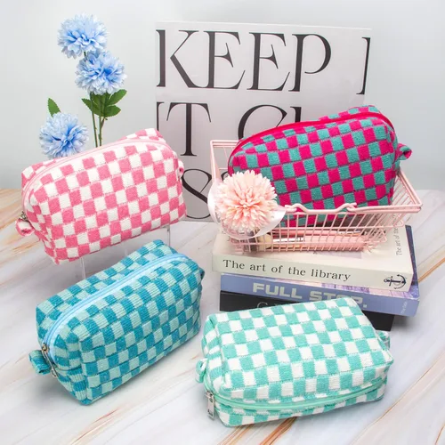 Miniatura 9 de PAZIMIIK Bolsa de Maquillaje a Cuadros para Bolso Portátil con Cremallera, Estuche Pequeño de Cosméticos para Accesorios de Viaje, Azul Ártico