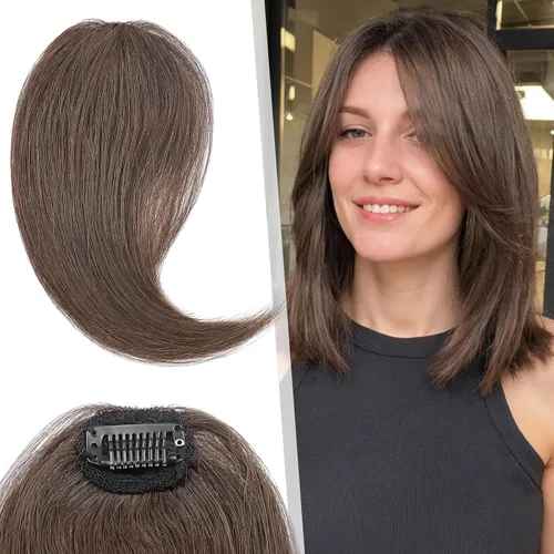 Miniatura 10 de Hairro Extensiones de flequillo lateral ondulado con clip, 100% cabello humano, 2 piezas con clip en la parte media, flequillo francés, lados