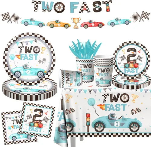 142 piezas de vajilla y decoraciones de fiesta de cumpleaños Two Fast para niños, banderas a cuadros azules de autos de carrera, rueda de carreras,