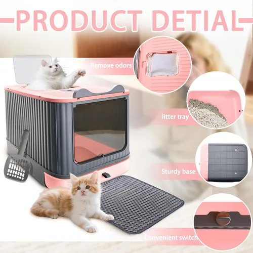 Miniatura 3 de Caja de arena para gatos con tapete de arena, caja de arena grande de 17"x14"x13" para gatos grandes, cajas de arena cerradas extraíbles, caja
