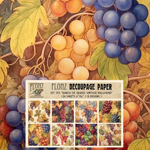 Paquete de papel de Decoupage (24 hojas de 6 x 6 pulgadas), papel tapiz de racimo de uvas, papel de patrón de estilo vintage para decoupage, 30 ES