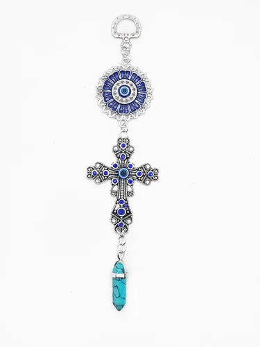Miniatura 10 de LUCKBOOSTIUM Amuleto de cruz con incrustaciones de cristal azul y mandala azul de ojo malvado con piedra curativa colgante, dijes de naturaleza